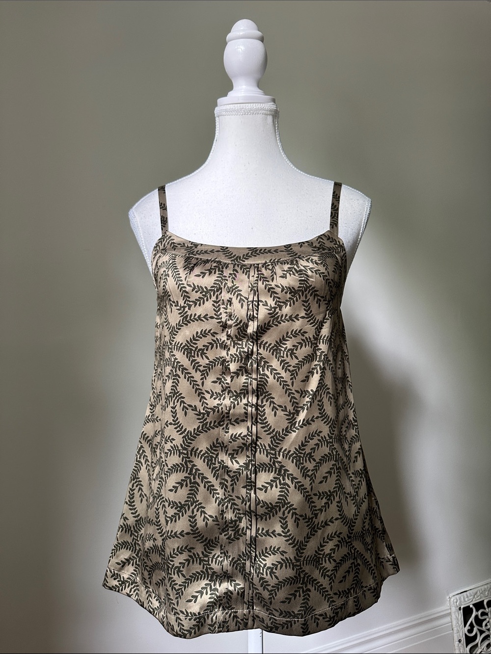 JACOB CONNEXION 100% Silk Y2K Brown Leaf Olive Cottagecore Tank Top XS